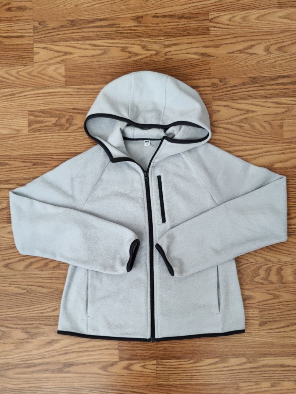 Uniqlo Light Gray Hooded Fleece Jacket with Black Trim